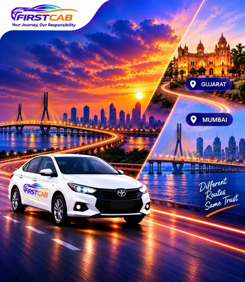 FirstCabServices.com taxi travelling on a highway between Gujarat and Mumbai